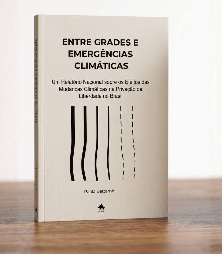 Modelo 3D do livro Entre Grades e Emergências Climáticas sobre mesa de madeira e fundo branco